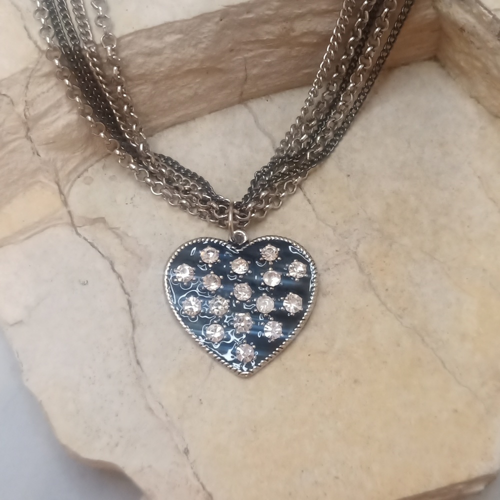 Multi Layered Chain Necklace with Heart pendant Rhinestones Statement Jewelry